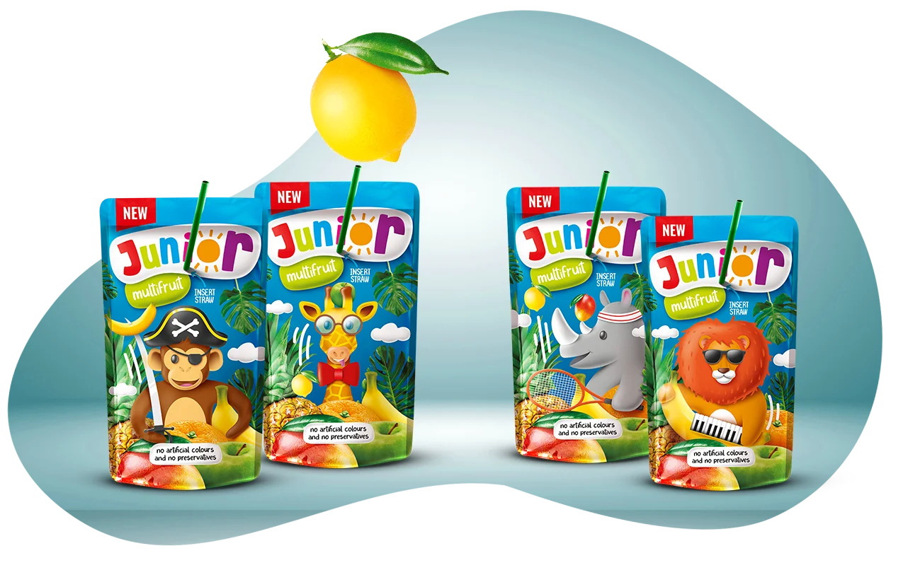 Junior Multifruit juice boxes with colorful animal characters