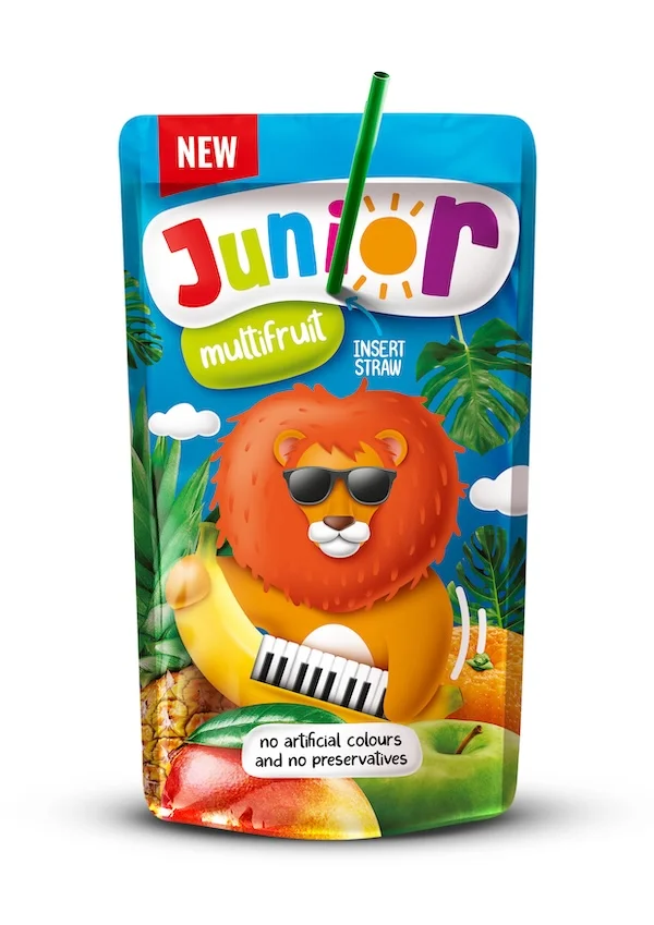 Junior Multifruit juice box featuring lion character