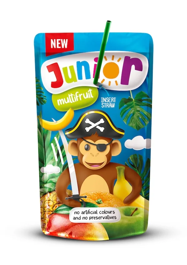 Junior Multifruit juice box featuring monkey character