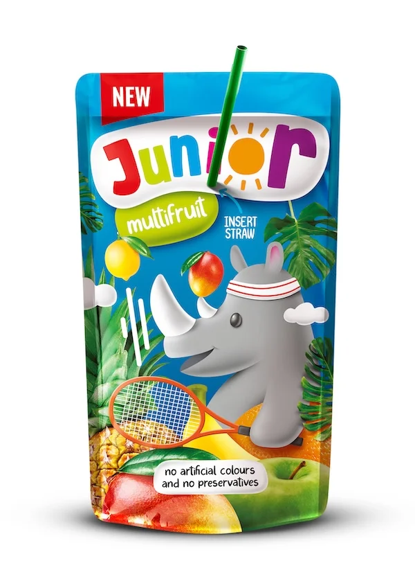 Junior Multifruit juice box featuring rhinoceros character