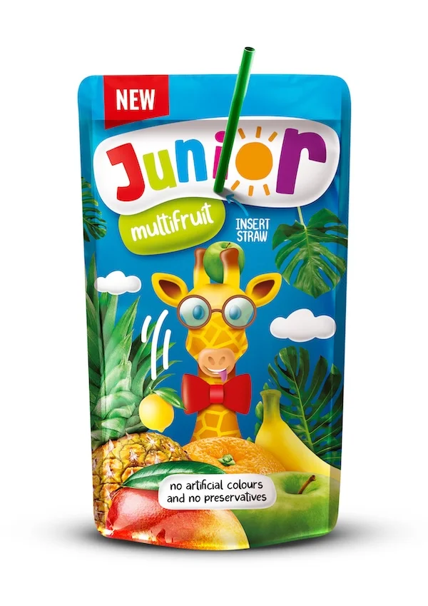 Junior Multifruit juice box featuring giraffe character
